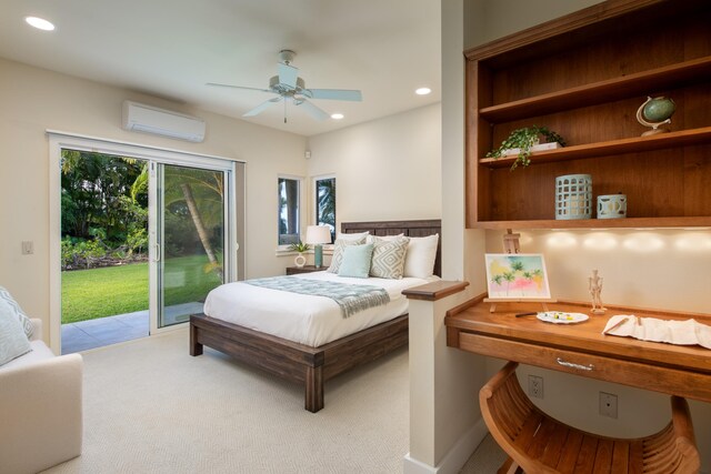 76-853 N Pakalakala Pl, Kailua-Kona, HI 96740 - bedroom with an AC wall unit, access to exterior, carpet flooring, recessed lighting, and ceiling fan