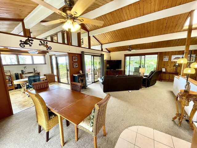 76-6252 Kokoolua Way, Kailua-Kona, HI 96740 - carpeted dining room with a ceiling fan, wooden ceiling, plenty of natural light, and tile patterned flooring