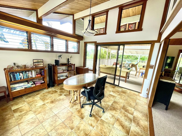 76-6252 Kokoolua Way, Kailua-Kona, HI 96740 - dining room featuring a wood ceiling with exposed beams, plenty of natural light, light stone finish flooring, and high vaulted ceiling