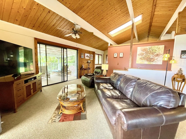 76-6252 Kokoolua Way, Kailua-Kona, HI 96740 - carpeted living area featuring a skylight, wooden ceiling, and a ceiling fan