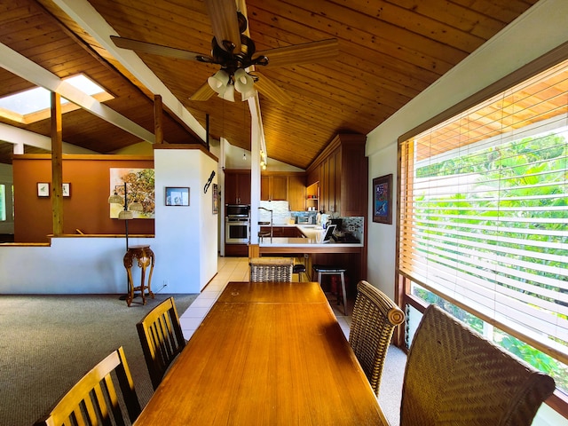 76-6252 Kokoolua Way, Kailua-Kona, HI 96740 - dining area featuring wood ceiling, light carpet, and a ceiling fan