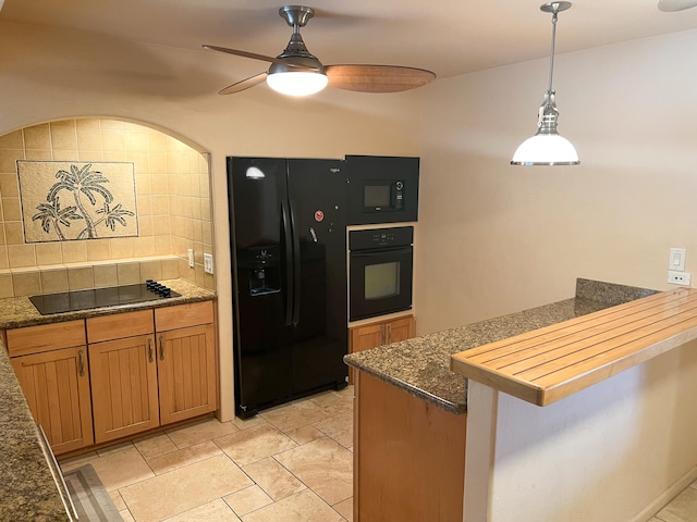 78-7259 Puuloa Rd, Kailua-Kona, HI 96740 - kitchen featuring black appliances, a peninsula, ceiling fan, decorative light fixtures, and brown cabinetry