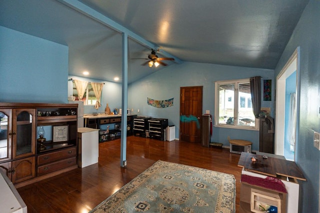 16-2041 Emerald Dr, Pahoa, HI 96778 - living room featuring wood finished floors, a ceiling fan, and lofted ceiling