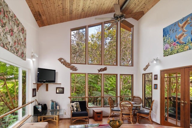 11-3868 Liona St, Volcano, HI 96785 - living room featuring high vaulted ceiling, ceiling fan, wood finished floors, french doors, and wooden ceiling