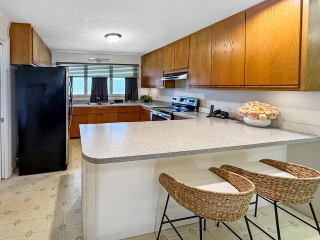 410 Olu St, Hilo, HI 96720 - kitchen featuring appliances with stainless steel finishes, under cabinet range hood, a peninsula, brown cabinets, and light countertops