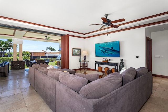 69-1000 Kolea Kai Cir Unit 4A, Waikoloa, HI 96738 - living room featuring ceiling fan and crown molding