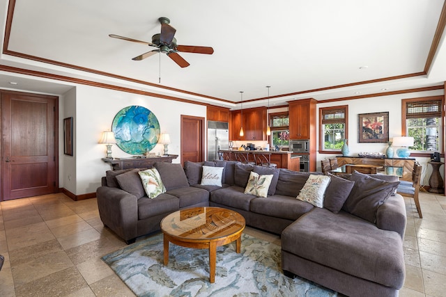 69-1000 Kolea Kai Cir Unit 4A, Waikoloa, HI 96738 - living room with a raised ceiling, a ceiling fan, ornamental molding, and recessed lighting