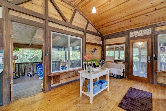 13-1312 Malama St, Pahoa, HI 96778 - dining room with wood ceiling, vaulted ceiling, plenty of natural light, light wood-type flooring, and wooden walls