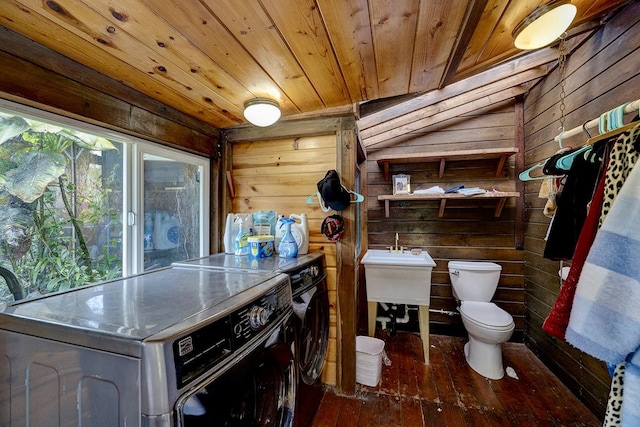 13-1312 Malama St, Pahoa, HI 96778 - bathroom with washing machine and dryer, wood walls, wood ceiling, and wood-type flooring