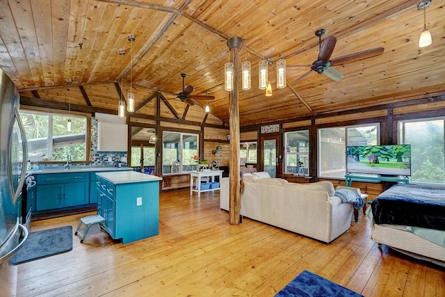 13-1312 Malama St, Pahoa, HI 96778 - living area with ceiling fan, wooden ceiling, lofted ceiling, and light wood finished floors