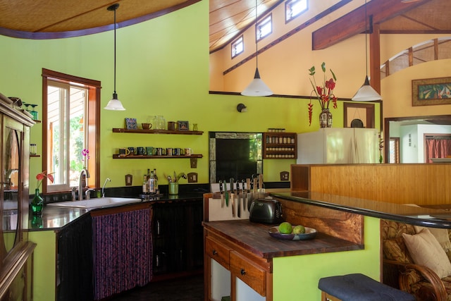 15-2045 8th Ave, Keaau, HI 96749 - kitchen featuring healthy amount of natural light, a high ceiling, open shelves, and decorative light fixtures