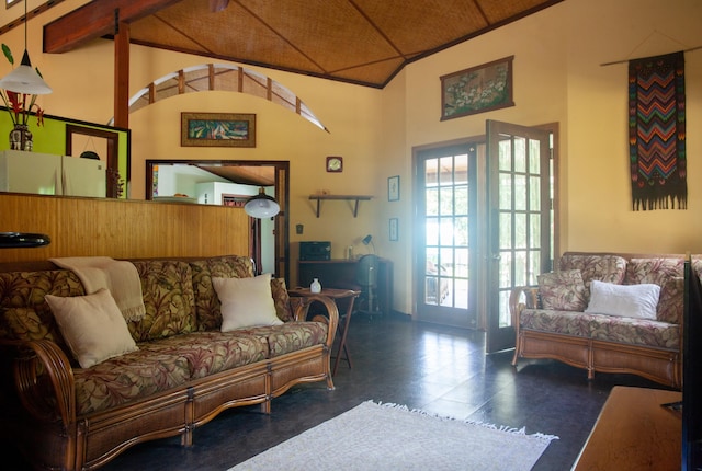 15-2045 8th Ave, Keaau, HI 96749 - living area featuring high vaulted ceiling and beam ceiling