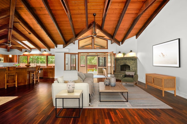 4675 Wailapa Rd, Kilauea, HI 96754 - living area with a wooden ceiling with exposed beams, a wall mounted air conditioner, wood finished floors, a fireplace, and a ceiling fan