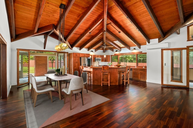 4675 Wailapa Rd, Kilauea, HI 96754 - dining area featuring an AC wall unit, wooden ceiling, and dark wood-type flooring