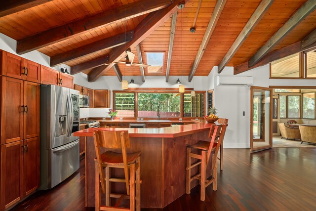 4675 Wailapa Rd, Kilauea, HI 96754 - kitchen featuring appliances with stainless steel finishes, an AC wall unit, dark wood-style floors, wood ceiling, and brown cabinets