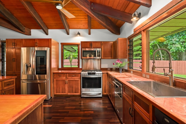 4675 Wailapa Rd, Kilauea, HI 96754 - kitchen with appliances with stainless steel finishes, dark wood finished floors, wood ceiling, brown cabinets, and ceiling fan