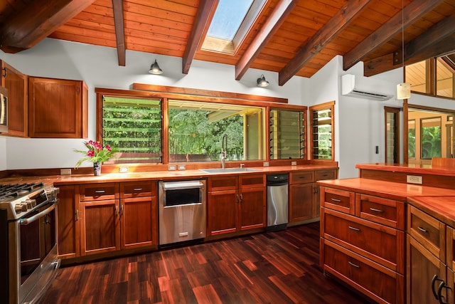 4675 Wailapa Rd, Kilauea, HI 96754 - kitchen featuring appliances with stainless steel finishes, a skylight, wooden ceiling, a wall unit AC, and dark wood-style flooring