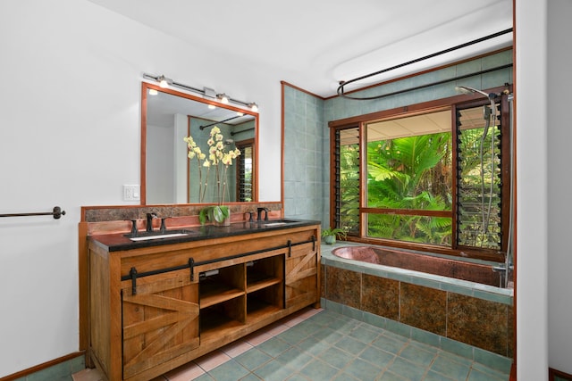 4675 Wailapa Rd, Kilauea, HI 96754 - bathroom featuring double vanity, a relaxing tiled tub, and tile patterned floors