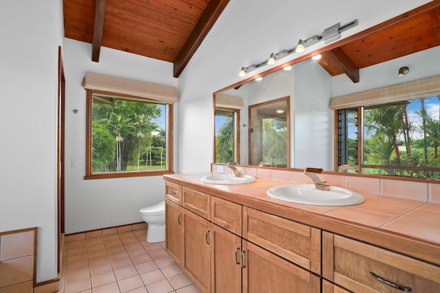 4675 Wailapa Rd, Kilauea, HI 96754 - full bathroom featuring wooden ceiling, double vanity, healthy amount of natural light, tile patterned floors, and a shower