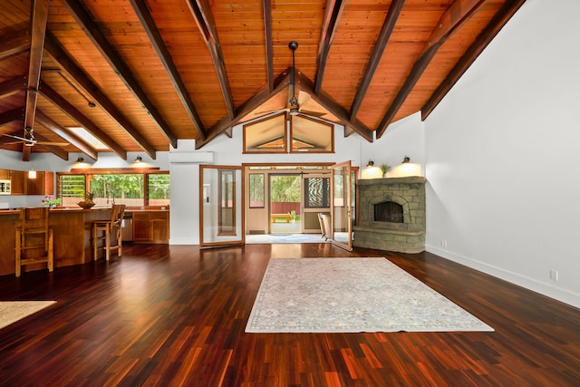 4675 Wailapa Rd, Kilauea, HI 96754 - unfurnished living room with wood ceiling, a stone fireplace, ceiling fan, a wall unit AC, and wood finished floors