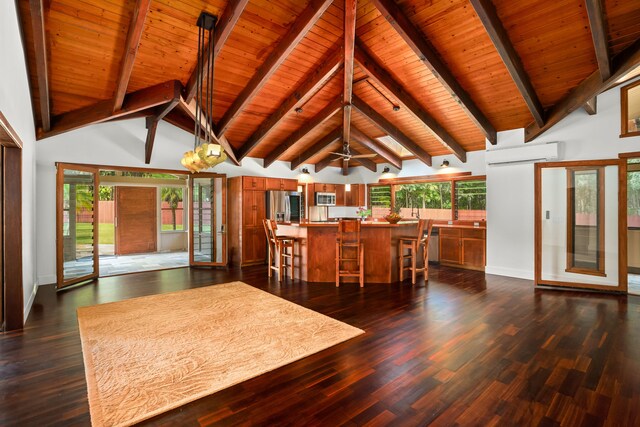 4675 Wailapa Rd, Kilauea, HI 96754 - kitchen featuring appliances with stainless steel finishes, a wall unit AC, wooden ceiling, a kitchen bar, and brown cabinets
