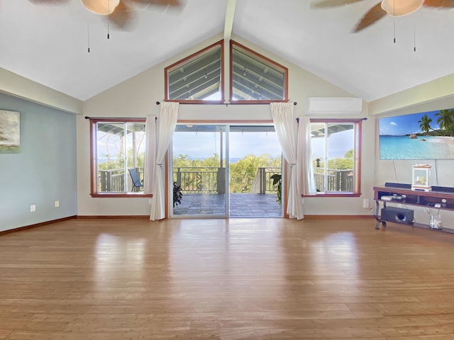 76-6323 Mahuahua Pl, Kailua-Kona, HI 96740 - unfurnished living room with a ceiling fan, wood finished floors, an AC wall unit, and high vaulted ceiling