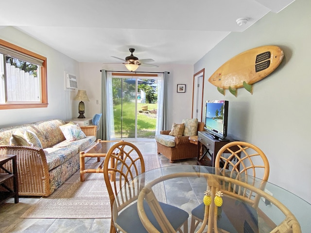 76-6323 Mahuahua Pl, Kailua-Kona, HI 96740 - living room with ceiling fan and a wall mounted air conditioner