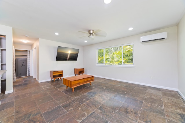 14-3385 Paradise Rd, Pahoa, HI 96778 - living room featuring a wall unit AC, ceiling fan, recessed lighting, and stone finish floors