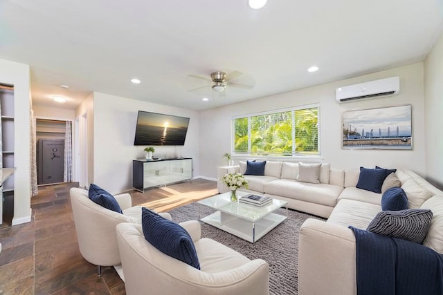 14-3385 Paradise Rd, Pahoa, HI 96778 - living room with a wall mounted air conditioner, ceiling fan, recessed lighting, and wood finished floors