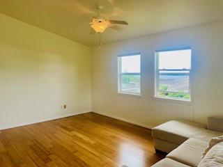 94-1654 Lewa Nuu St, Naalehu, HI 96772 - unfurnished living room featuring plenty of natural light, wood finished floors, and ceiling fan