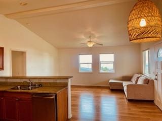 94-1654 Lewa Nuu St, Naalehu, HI 96772 - kitchen with dishwasher, open floor plan, light wood finished floors, and a ceiling fan