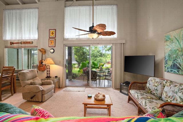 3880 Wyllie Rd Unit 21C, Princeville, HI 96722 - carpeted living room with a high ceiling and a ceiling fan
