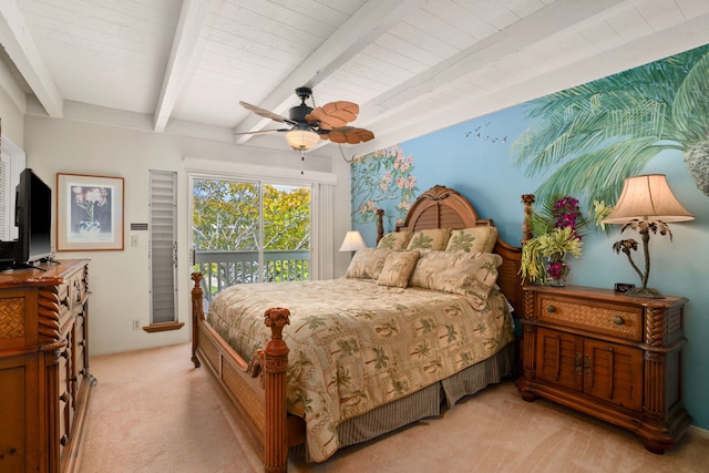 3880 Wyllie Rd Unit 21C, Princeville, HI 96722 - bedroom with light colored carpet, beam ceiling, and ceiling fan