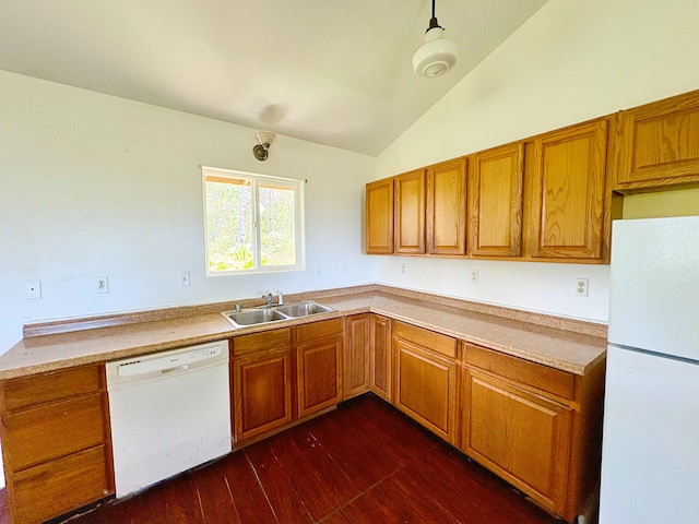 16-1814 34th Ave, Keaau, HI 96749 - kitchen with white appliances, a sink, brown cabinetry, light countertops, and vaulted ceiling