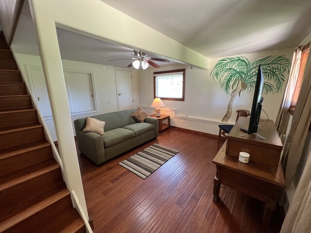 4892 Pepelani Lp, Princeville, HI 96722 - living room featuring stairway, a ceiling fan, and wood finished floors