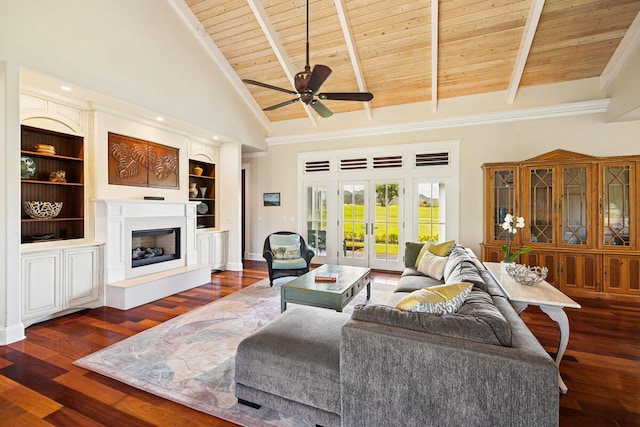 2758 Milo Hae Lp, Koloa, HI 96756 - living area with wooden ceiling, a ceiling fan, a fireplace with raised hearth, french doors, and wood finished floors