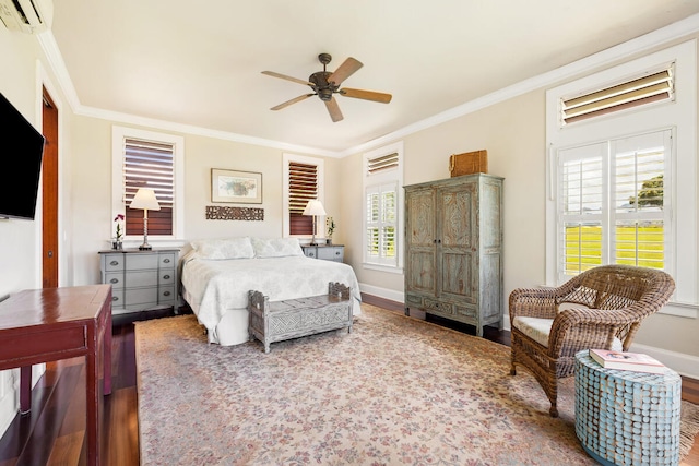 2758 Milo Hae Lp, Koloa, HI 96756 - bedroom featuring a wall mounted AC, wood finished floors, ornamental molding, and a ceiling fan