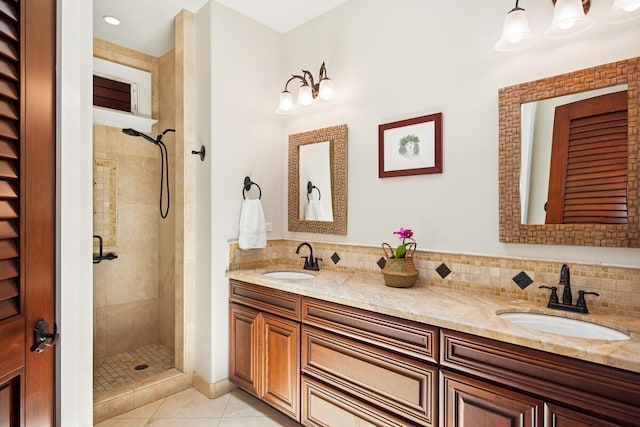 2758 Milo Hae Lp, Koloa, HI 96756 - bathroom with double vanity, tiled shower, tile patterned floors, and decorative backsplash