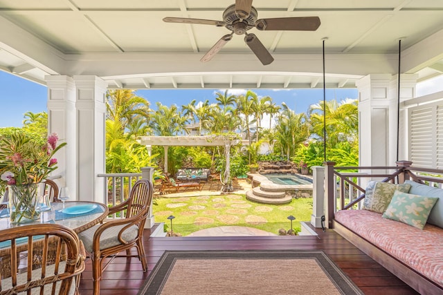 2758 Milo Hae Lp, Koloa, HI 96756 - wooden terrace featuring an outdoor hot tub, a ceiling fan, and a swimming pool