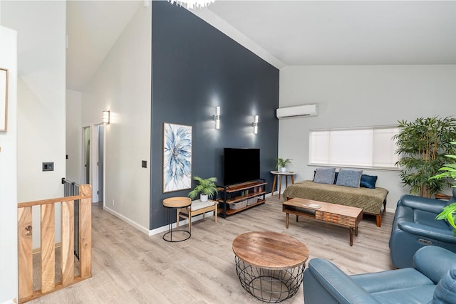 68-1846 Puu Nui St, Waikoloa, HI 96738 - living area with an AC wall unit, high vaulted ceiling, and light wood-style flooring