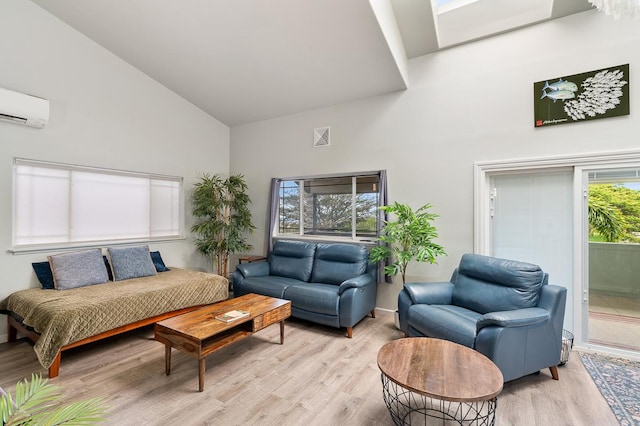 68-1846 Puu Nui St, Waikoloa, HI 96738 - living area with high vaulted ceiling, light wood-style floors, and an AC wall unit