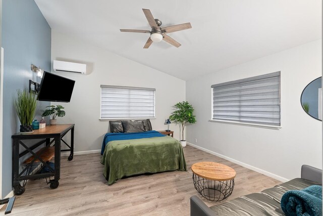 68-1846 Puu Nui St, Waikoloa, HI 96738 - bedroom featuring a wall mounted AC, lofted ceiling, wood finished floors, and ceiling fan
