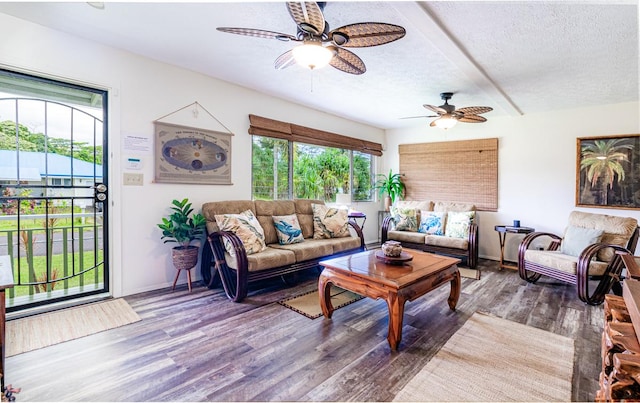 15-429 Anae St, Pahoa, HI 96778 - living room with ceiling fan, wood finished floors, a textured ceiling, and baseboards