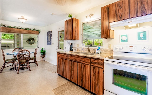 15-429 Anae St, Pahoa, HI 96778 - kitchen featuring white range with electric cooktop, under cabinet range hood, a sink, brown cabinets, and light flooring
