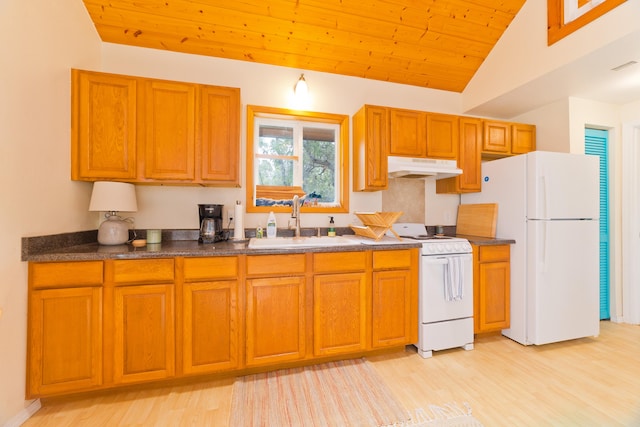 92-8618 Orchid Pkwy, Ocean View, HI 96737 - kitchen featuring white appliances, under cabinet range hood, light wood-type flooring, dark countertops, and wooden ceiling