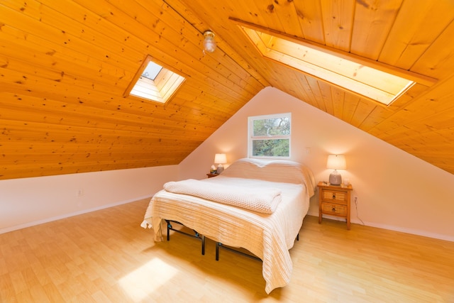 92-8618 Orchid Pkwy, Ocean View, HI 96737 - bedroom featuring a skylight, wood ceiling, light wood-type flooring, and vaulted ceiling