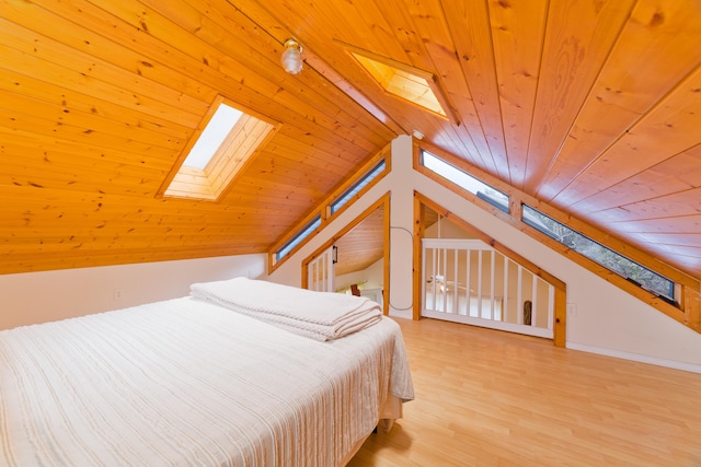 92-8618 Orchid Pkwy, Ocean View, HI 96737 - bedroom featuring a skylight, wooden ceiling, lofted ceiling, and light wood-style floors