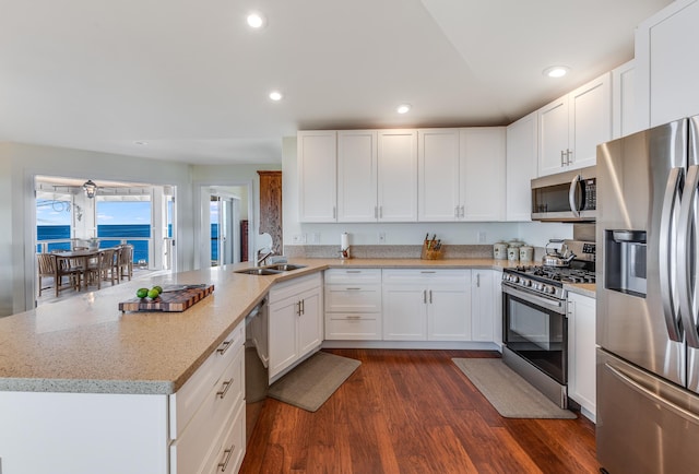 88-1965 Milolii Rd, Captain Cook, HI 96704 - kitchen with stainless steel appliances, a peninsula, dark wood finished floors, recessed lighting, and white cabinets