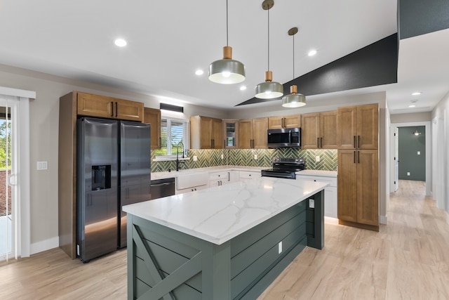 15-1571 19th Ave, Keaau, HI 96749 - kitchen with stainless steel appliances, decorative backsplash, a center island, light stone counters, and glass insert cabinets