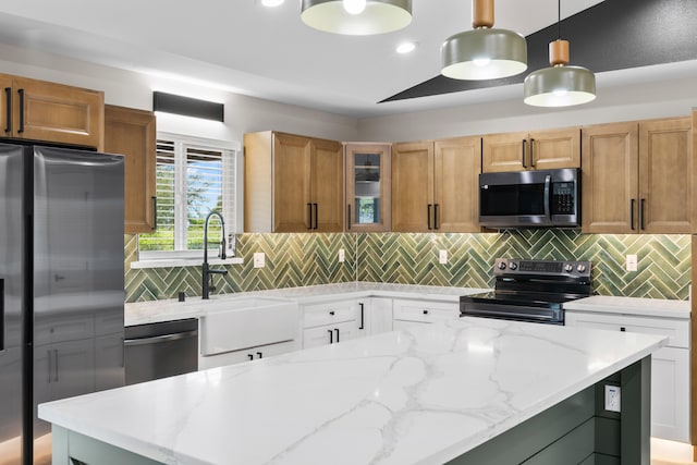 15-1571 19th Ave, Keaau, HI 96749 - kitchen featuring appliances with stainless steel finishes, light stone counters, glass insert cabinets, tasteful backsplash, and decorative light fixtures